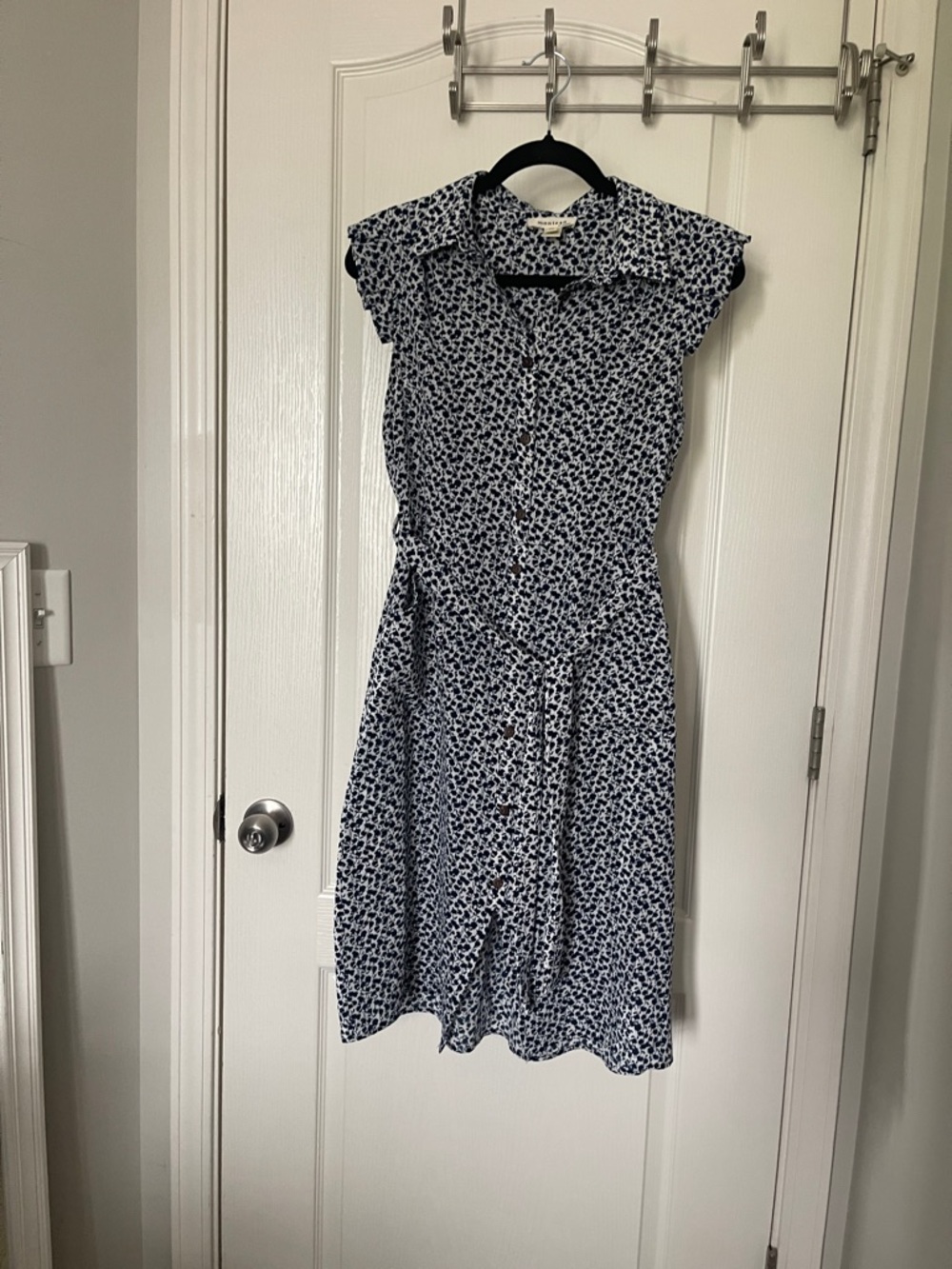 Blue and White Floral Button-Front Midi Dress with Self Tie